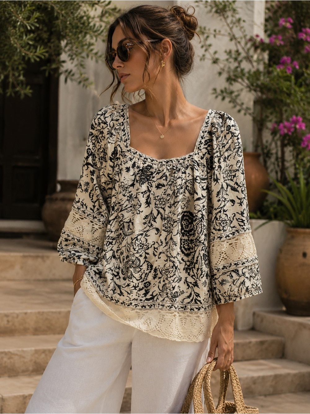 Christian Siriano New York 2X Linen Blend Floral Lace Trim Boho Blouse Top Black